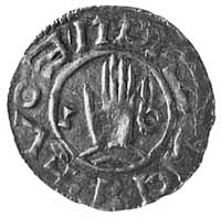 denar, Aw: Dłoń, po bokach litery IO, Rw: Krzyż, 3 kulki i strzałka, C.108, 1,3 g.