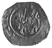 denar, Aw: Dwie siedzące postacie z mieczem i napis, Rw: Jeździec na koniu i napis, C.598, 0,7 g.