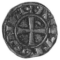 Antiochia, Bohemund III (1162-1201), denar, Aw: Popiersie rycerza w kolczudze i hełmie, za nim gwi..