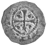 Ordulf 1059-1072, denar, Aw: Głowa w koronie na wprost, napis w otoku nieczytelny, Rw: Krzyż, 4 ku..
