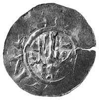 Henryk II, denar, Aw: Dłoń uniesiona do góry, z 