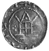 denar, naśladownictwo monety saskiej I poł. XI w., (prawdopodobnie Fryzja), Aw: Kapliczka i imitac..