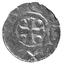 król Otto III, denar, Aw: Krzyż, w polu 4 kulki i napis ODDO, Rw: Poziomy napis S.. OLONI.., Dbg.3..