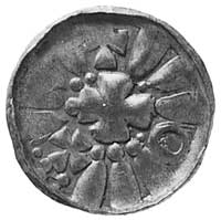 denar jednostronny, pośrodku mały krzyż, wokół perełki i promieniście odchodzące kreski, pomiędzy ..