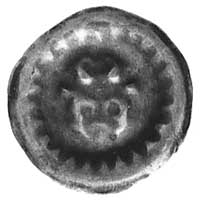 brakteat 1240-1280, głowa byka, kołnierz promienisty, Bonhoff 171, 0,5 g.