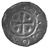 Otto I lub Otto II. denar, Aw: Krzyż, w polach 4 kulki i napis ADIMOT, Rw: Kapliczka z krzyżem w ś..