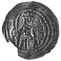 brakteat, stojąca postać trzyma w prawej ręce palmę i napis hebrajski BRACHA (błogosławieństwo), K..