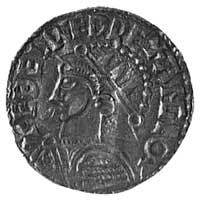 Etelred II, denar-naśladownictwo, Aw: Popiersie w zbroi i hełmie w lewo i napis EDELRED REX ANGLOX..