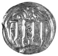 półbrakteat, Hedeby (Dania) X w.- naśladownictwo monet z Dorestadu, zniekształcony monogram karoli..