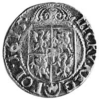 trzykrucierzówka 1615, Kraków, Aw: Popiersie i napis, Rw: Tarcza herbowa i napis, Kop.I.1 -r-, Gum..