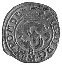 szeląg 1599, Bydgoszcz, Aw: Monogram królewski i