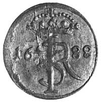szeląg 1688, Gdańsk, Aw: Monogram króla, Rw: Napis, Kop.286.Ia -r-, Gum.2040, rzadki w tym staniez..