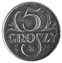 5 groszy 1923, Aw: j.w., Rw: Na rysunku monety obiegowej data 12.IV.24 i inicjały S.W., wybito 500..