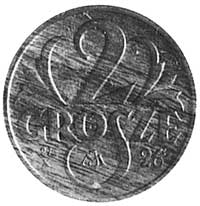 2 grosze 1925, awers jak moneta obiegowa, Rw: Na rysunku monety obiegowej data 27/X 26 i monogram ..