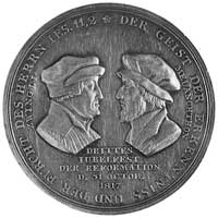 medal sygnowany LOOS, wybity w 1817 r. (Prusy), Aw: Popiersie Lutra i napis wokoło, Rw: Głowy Lutr..