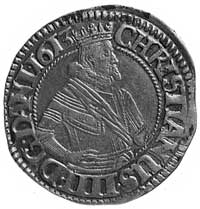 1 marka 1613, Kopenhaga, Aw: Popiersie, w otoku napis, Rw: Tarcza herbowa i napisy, Hede 99A