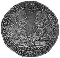 talar 1597, Aw: Popiersia i napis, Rw: Tarcza herbowa Saksonii w wieńcu złożonym z 12 tarcz herbow..