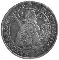 talar 1589, Aw: Półpostać z mieczem i napis, Rw: Ozdobna tarcza herbowa i napis, Merseb.744, Dav.9..