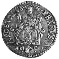 Pius V 1566-1572, AR teston, Ancona, Aw: Herb papieski i napis, Rw: Siedzący św. Piotr i napis, Be..