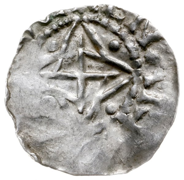 denar ok. 1020; Aw: Rozeta czterolistna; Rw: Krz
