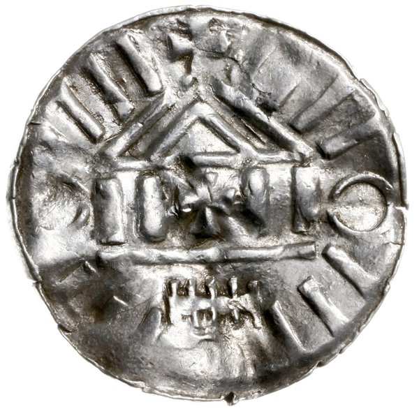 denar krzyżowy typu I; Aw: Fronton świątyni z ko