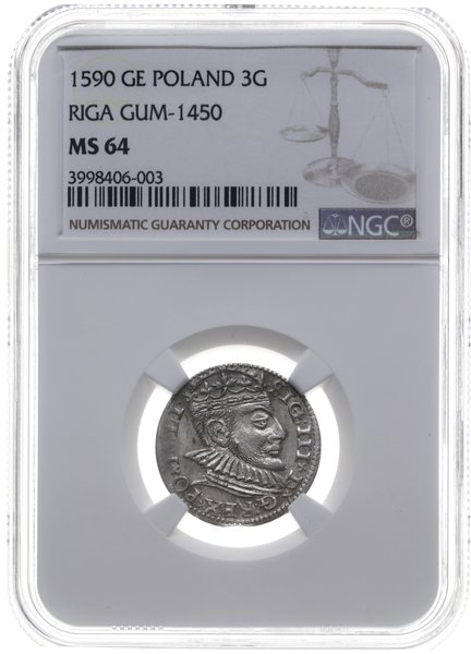 trojak 1590, Ryga, rzadszy typ monety z dużą głową króla