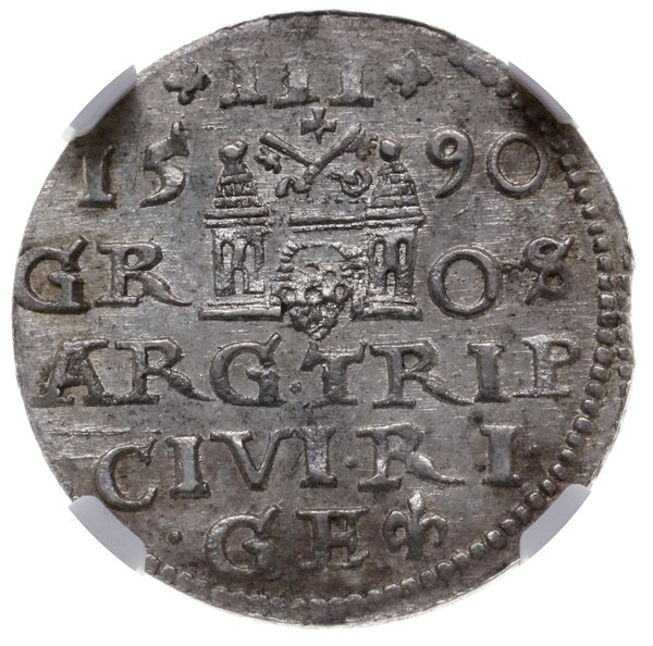 trojak 1590, Ryga, rzadszy typ monety z dużą głową króla
