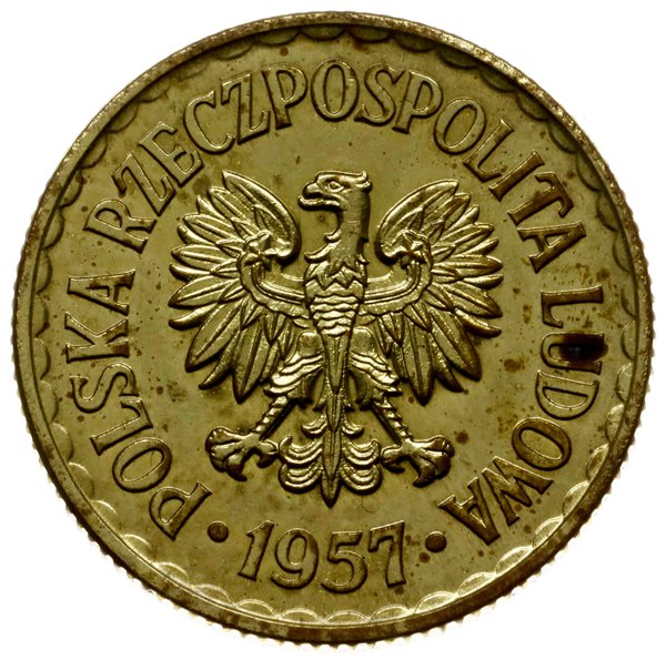 1 złoty 1957, Warszawa; Nominał 1, wklęsły napis