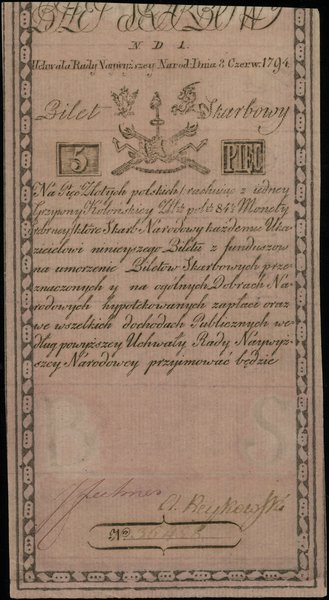 5 złotych polskich 8.06.1794, seria ND1, numeracja 36458