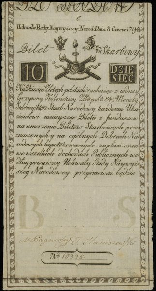 10 złotych polskich 8.06.1794, seria C, numeracja 10335