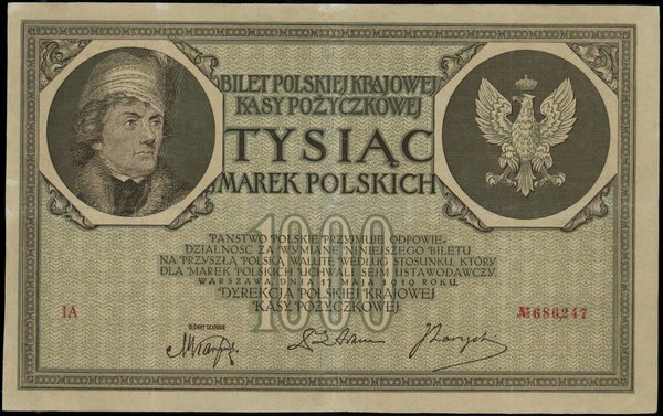 1.000 marek polskich 17.05.1919, seria IA, numeracja 686247, znak wodny “plaster miodu”