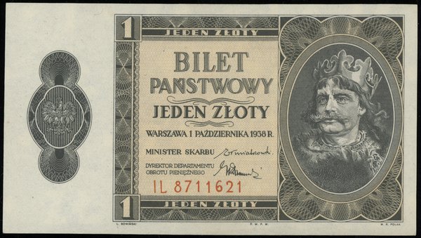 1 złoty 1.10.1938; seria IL, numeracja 8711621; 