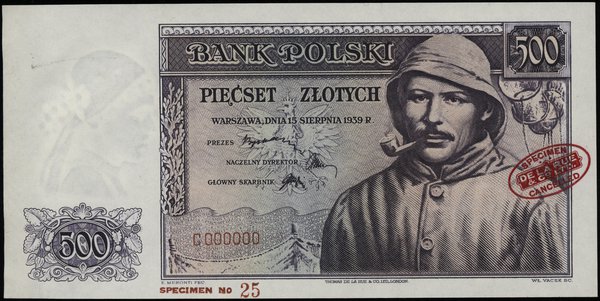 500 złotych 15.08.1939, SPECIMEN, seria C 000000