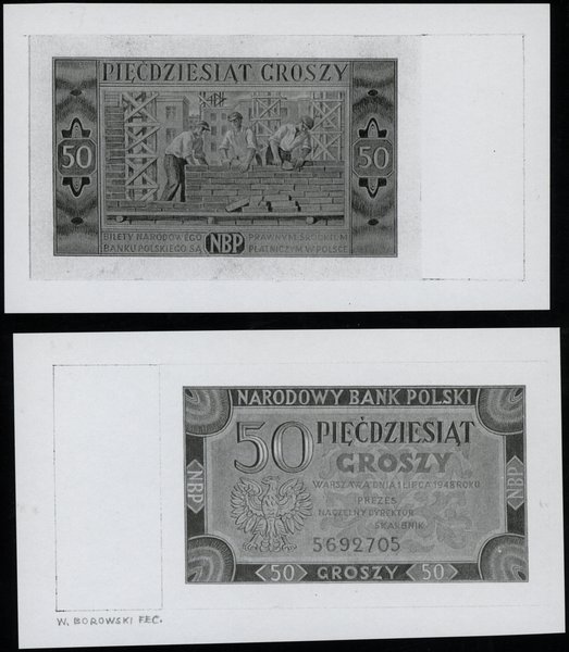 dwie jednostronne kopie projektu strony głównej oraz odwrotnej banknotu 50 groszy emisji 1.07.1948