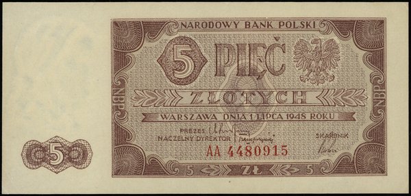 5 złotych 1.07.1948, seria AA, numeracja 4480915