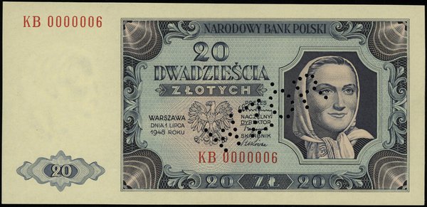 20 złotych 1.07.1948, seria KB, numeracja 0000006