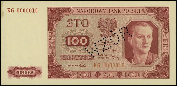 100 złotych 1.07.1948, seria KG, numeracja 0000016