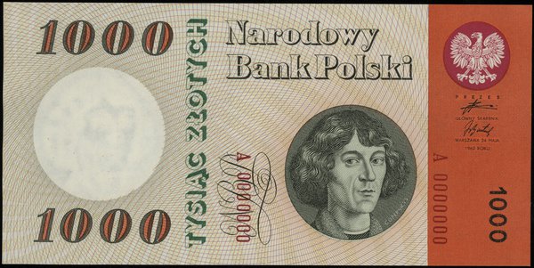 1.000 złotych 24.05.1962, seria A, numeracja 0000000