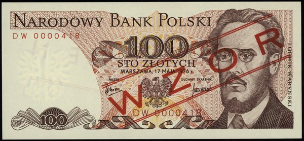100 złotych 17.05.1976, seria DW, numeracja 0000418