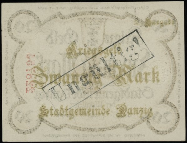 20 marek 12.10.1918 (Kriegs-Geld), bez znaku wodnego, czerwona numeracja 228754, z pieczęcią  Ungültig na stronie odwrotnej