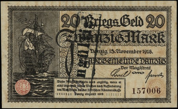 20 marek 15.11.1918 (Kriegs-Geld), numeracja 157006, z pieczęcią Ungültig na stronie odwrotnej