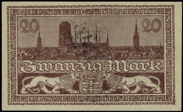 20 marek 15.11.1918 (Kriegs-Geld), numeracja 157006, z pieczęcią Ungültig na stronie odwrotnej