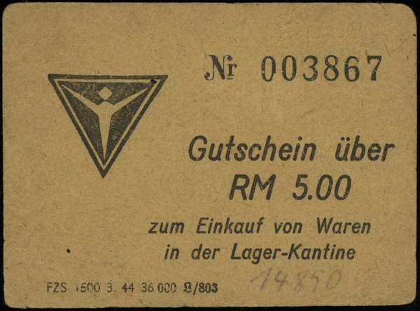 bon na 5 marek bez daty (1944) na zakupy w obozowej kantynie