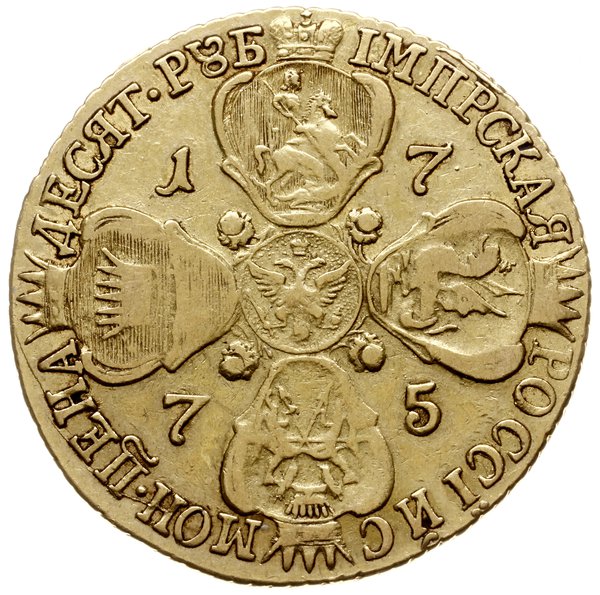 10 rubli 1775, Petersburg; pod popiersiem СПБ; B
