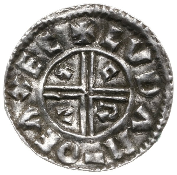 denar typu crux, 991-997, mennica Exeter, mincer