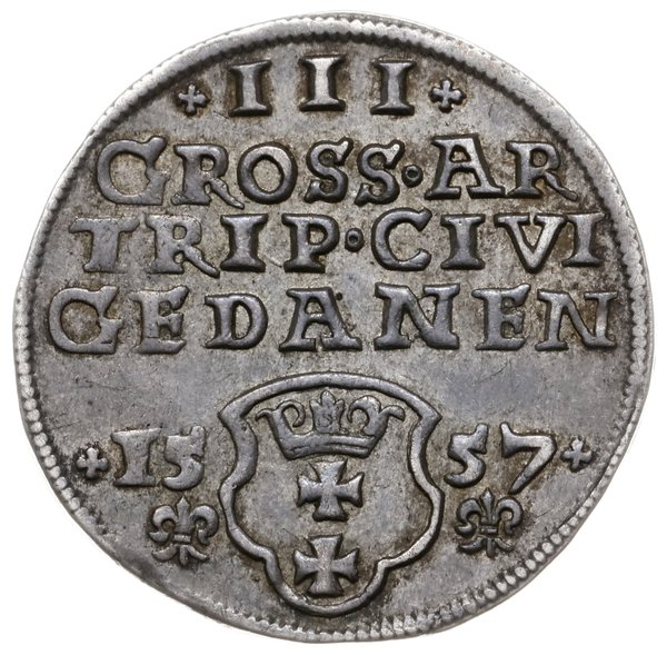 trojak 1557, Gdańsk; na awersie popiersie króla 