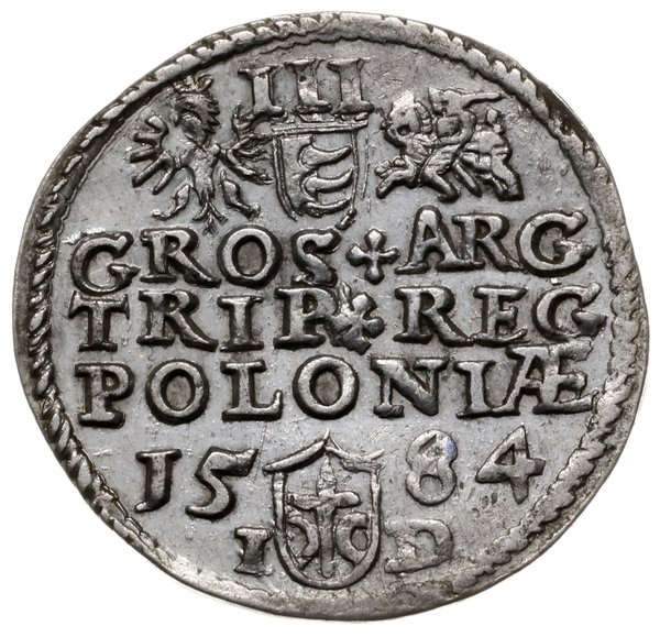 trojak 1584, Olkusz; głowa króla dzieli napis u 