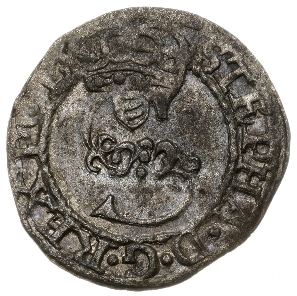 szeląg 1580, Olkusz; na awersie monogram króla, 