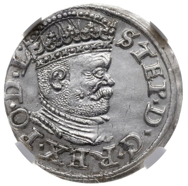 trojak 1586, Ryga; mała głowa króla, końcówka PO