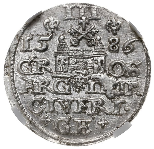 trojak 1586, Ryga; mała głowa króla, końcówka PO